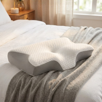 Curvana Cervical Neck Pillow on a bed in a bedroom setting