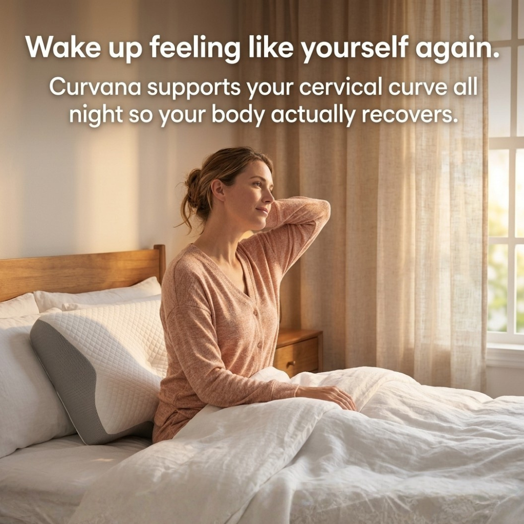 Woman sitting on a bed with a pillow, with text about Curvana cervical support.